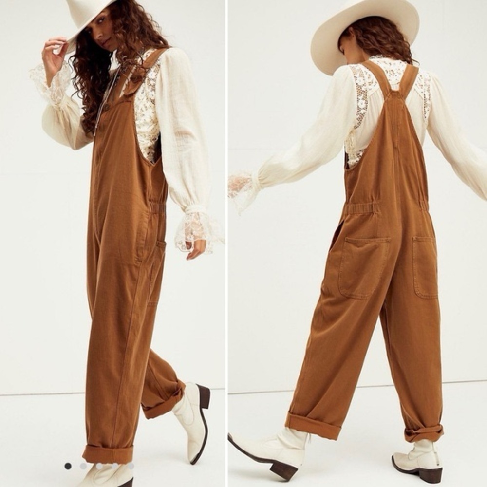 Free People Rust-Brown Cotton Overalls Jumpsuit
